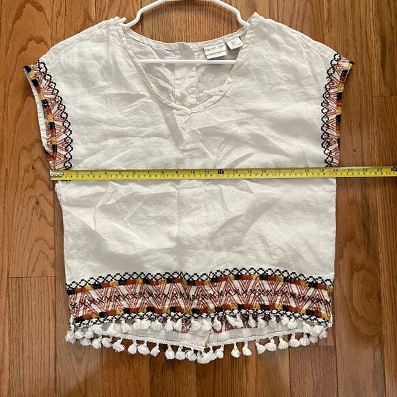 Rachel Zoe Linen Embroidered Peasant Blouse Womens Small Ivory Boho Tassel Hem - Picture 5 of 6